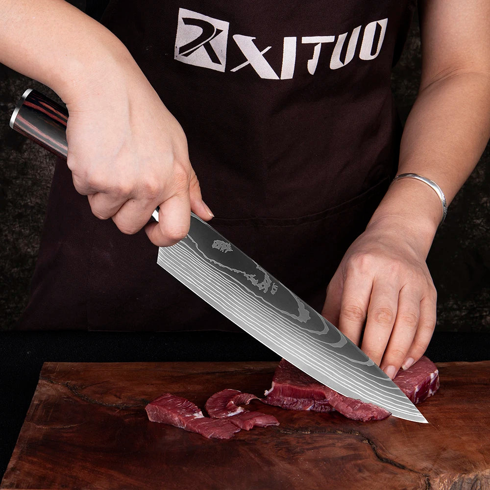 XITUO Chef knife 1-10Pcs Kitchen Knives Set Laser Damascus Patt