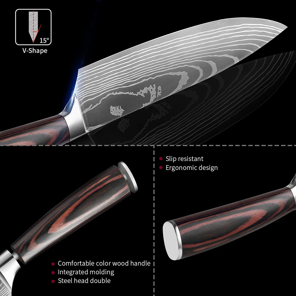 XITUO Chef knife 1-10Pcs Kitchen Knives Set Laser Damascus Patt