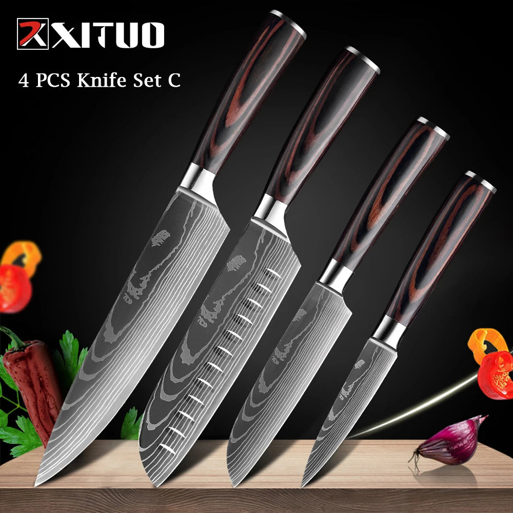 XITUO Chef knife 1-10Pcs Kitchen Knives Set Laser Damascus Patt
