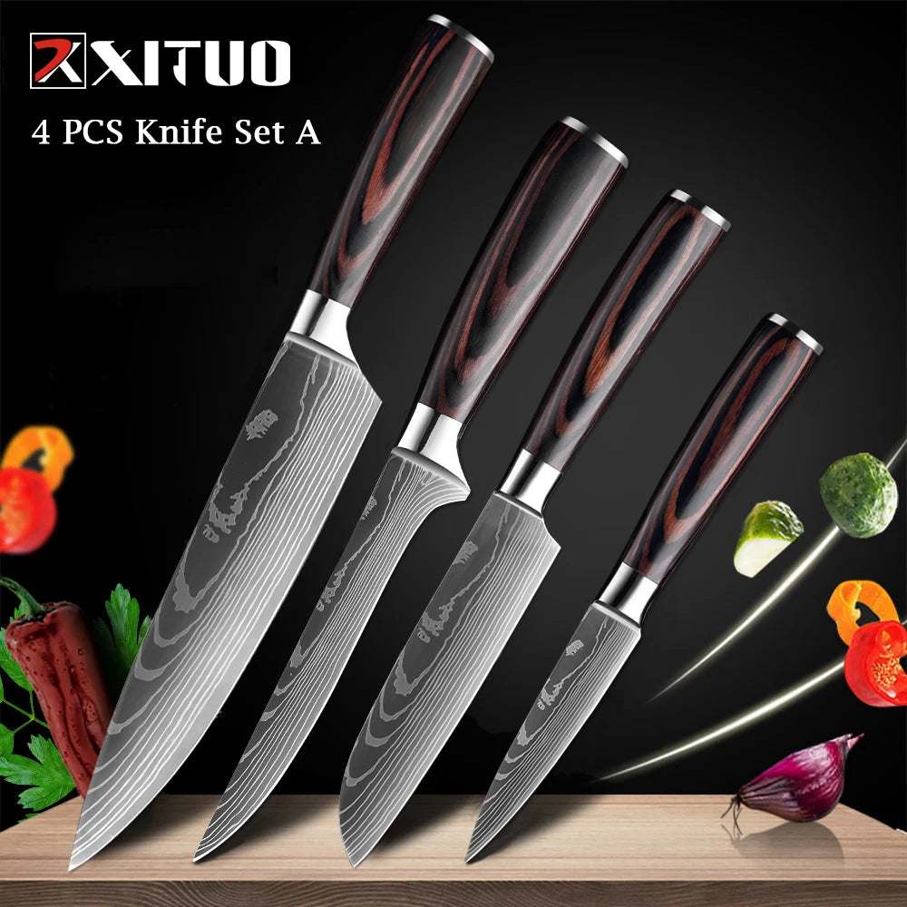 XITUO Chef knife 1-10Pcs Kitchen Knives Set Laser Damascus Patt