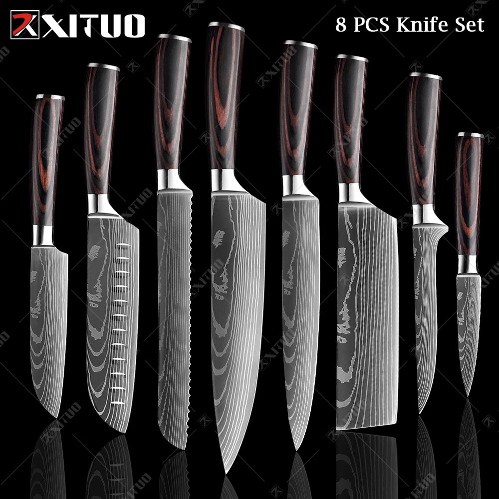 XITUO Chef knife 1-10Pcs Kitchen Knives Set Laser Damascus Patt
