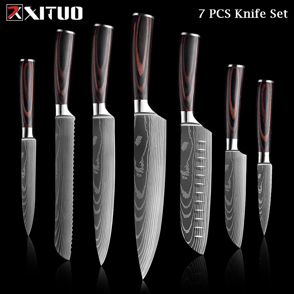 XITUO Chef knife 1-10Pcs Kitchen Knives Set Laser Damascus Patt