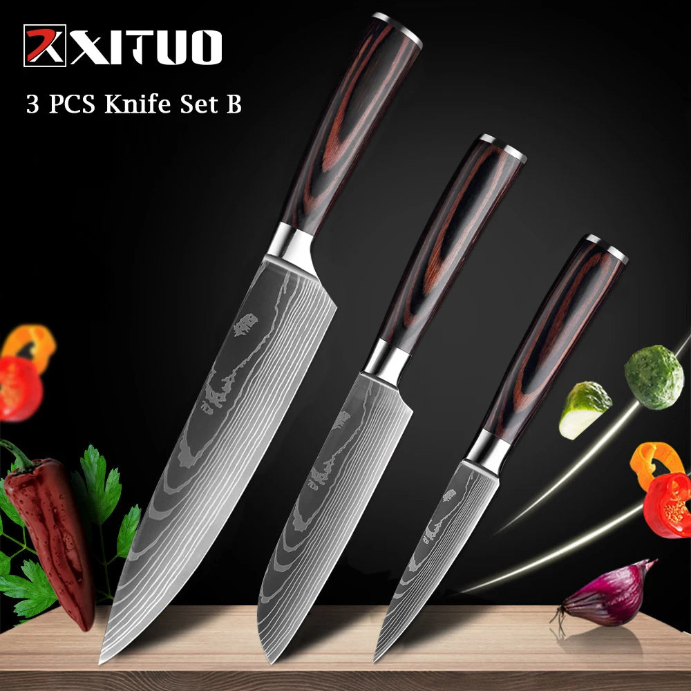 XITUO Chef knife 1-10Pcs Kitchen Knives Set Laser Damascus Patt