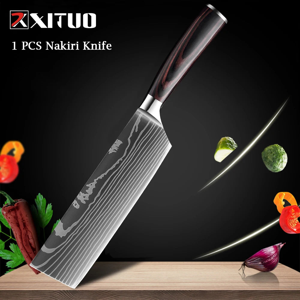 XITUO Chef knife 1-10Pcs Kitchen Knives Set Laser Damascus Patt