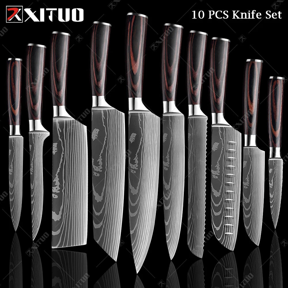 XITUO Chef knife 1-10Pcs Kitchen Knives Set Laser Damascus Patt