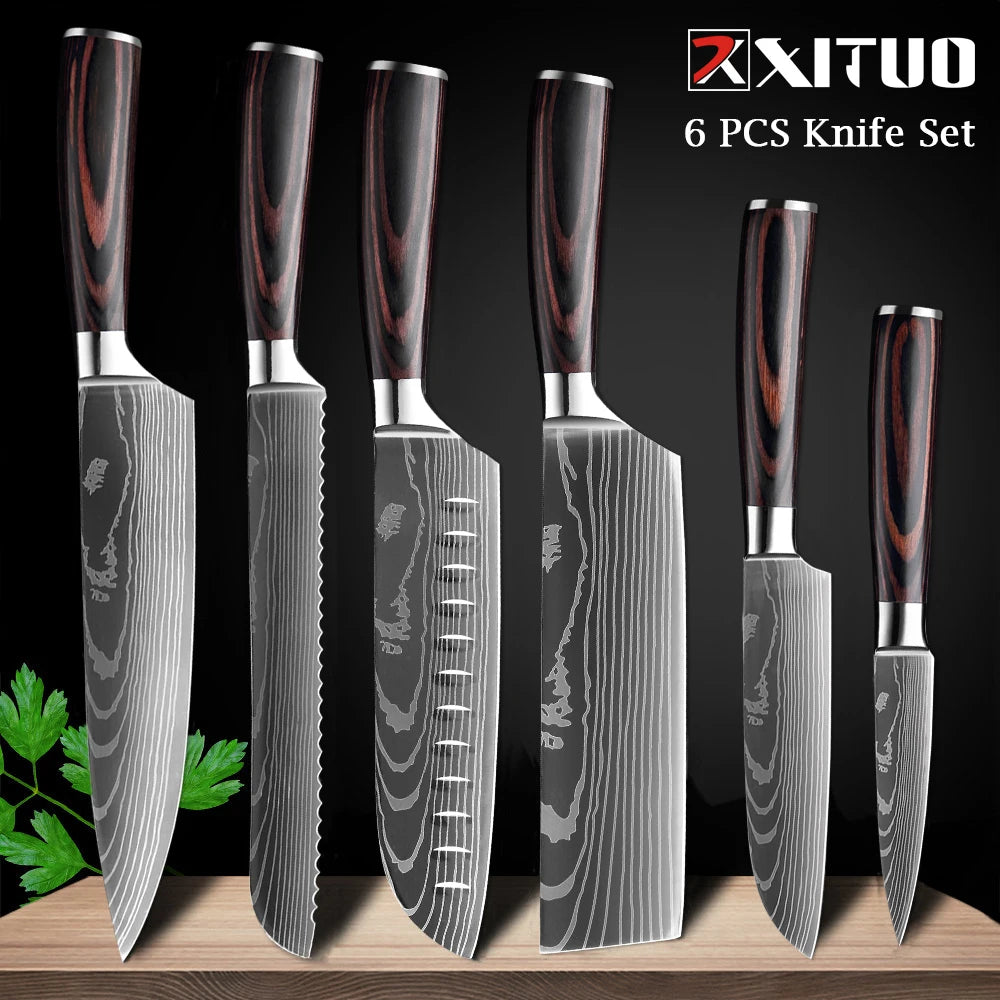 XITUO Chef knife 1-10Pcs Kitchen Knives Set Laser Damascus Patt