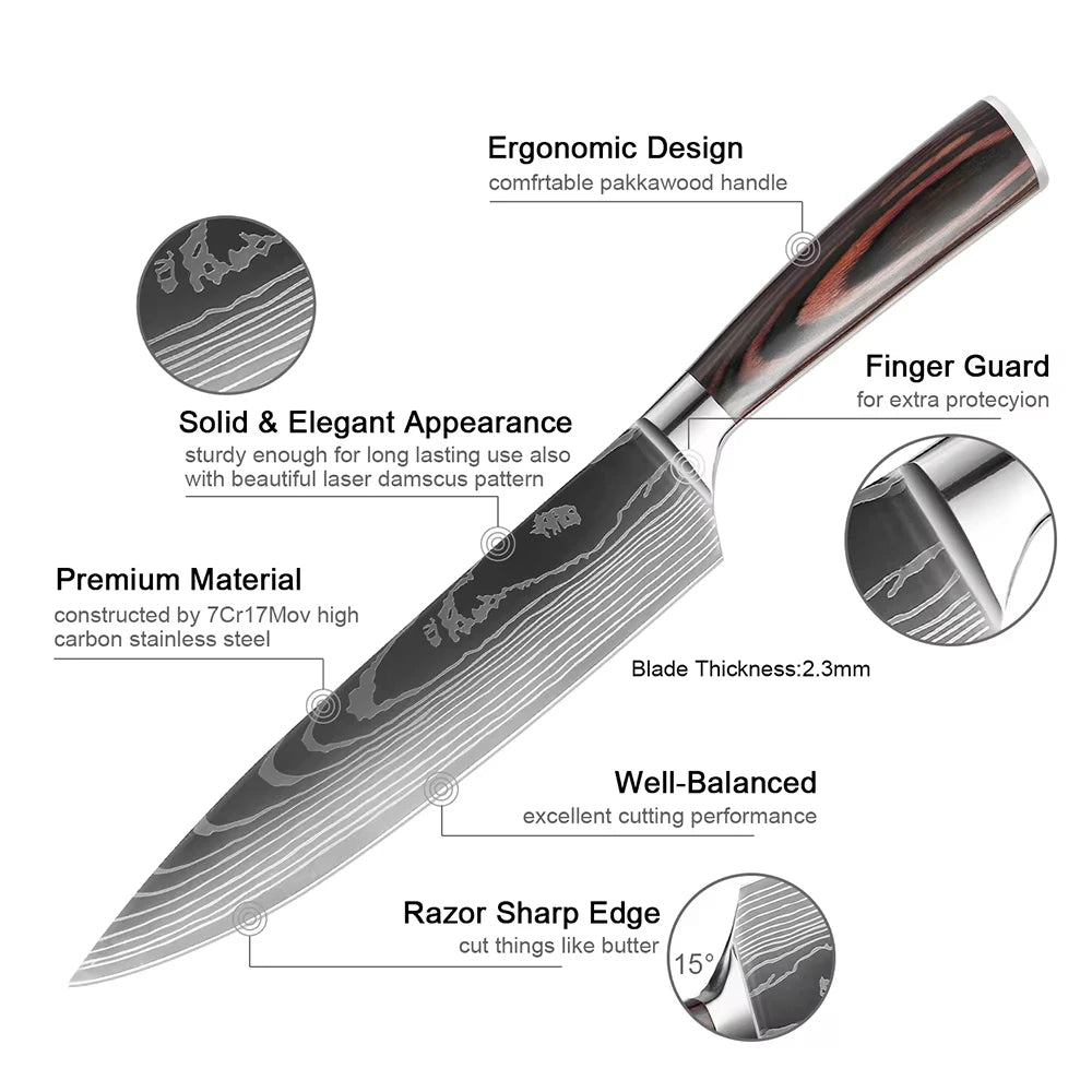 XITUO Chef knife 1-10Pcs Kitchen Knives Set Laser Damascus Patt