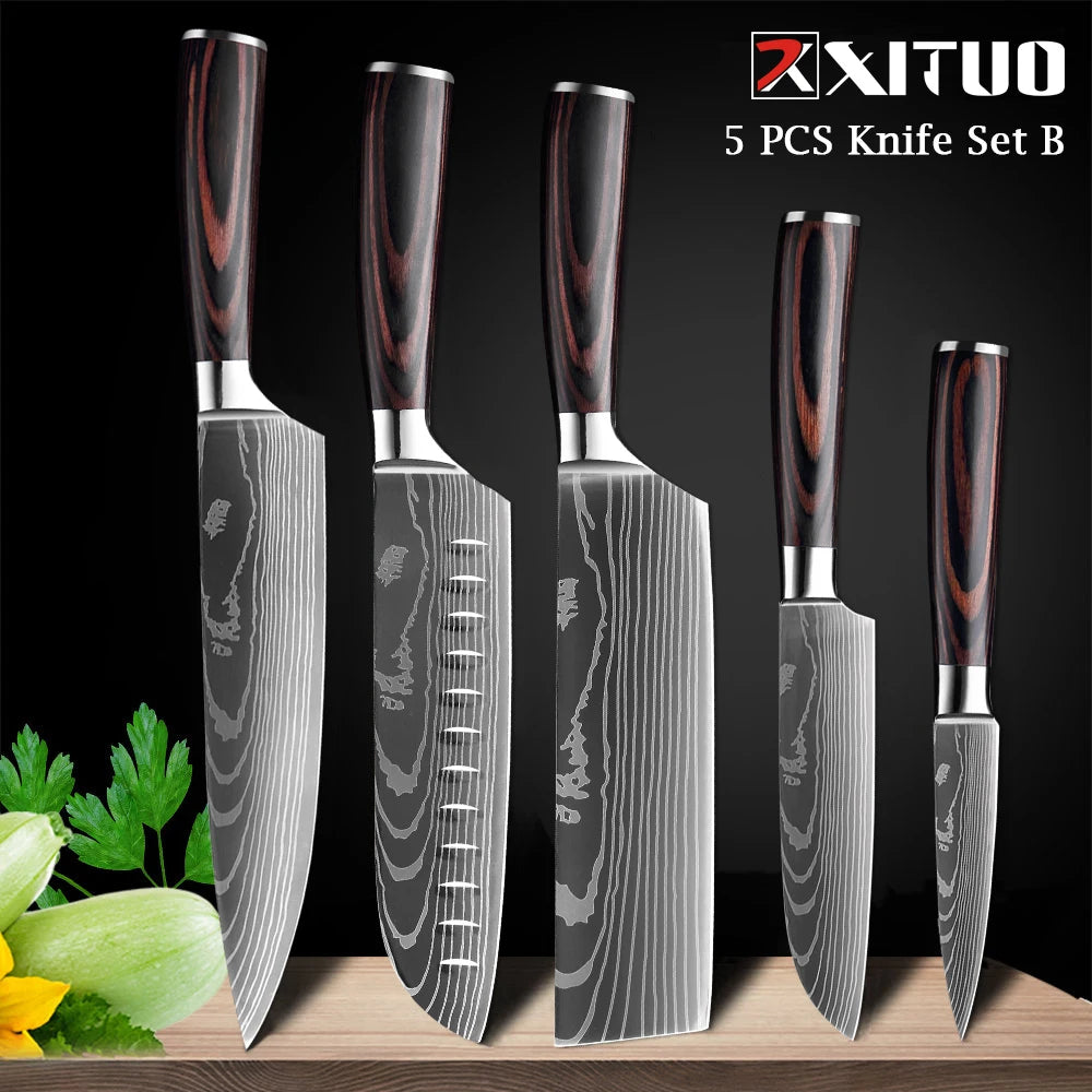XITUO Chef knife 1-10Pcs Kitchen Knives Set Laser Damascus Patt