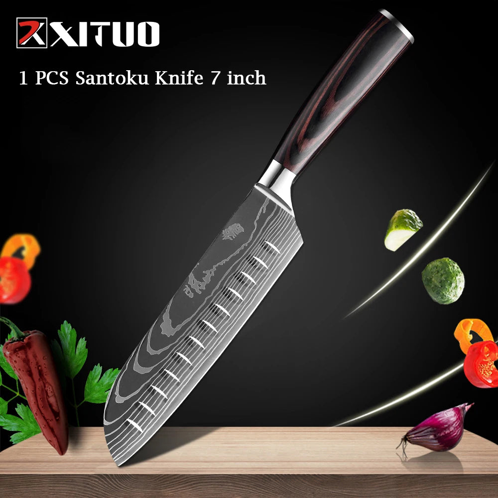 XITUO Chef knife 1-10Pcs Kitchen Knives Set Laser Damascus Patt