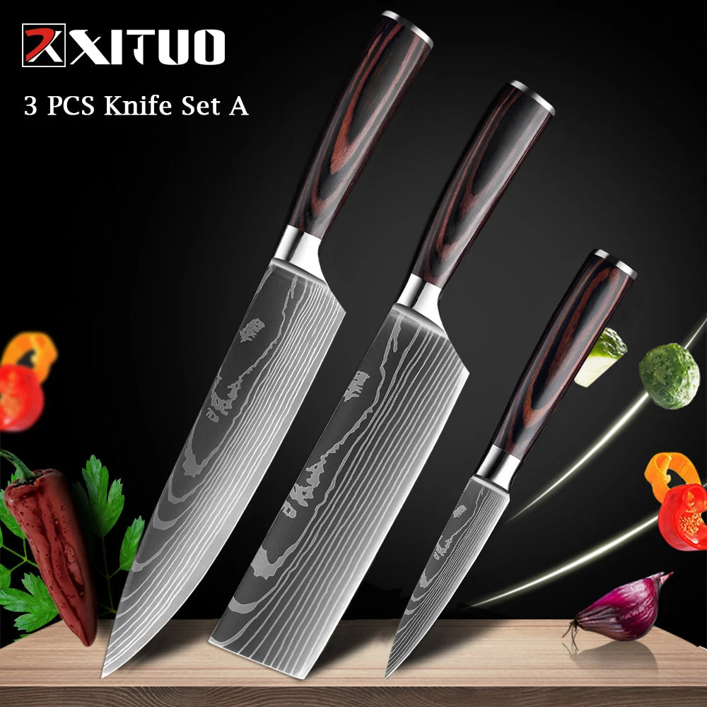 XITUO Chef knife 1-10Pcs Kitchen Knives Set Laser Damascus Patt