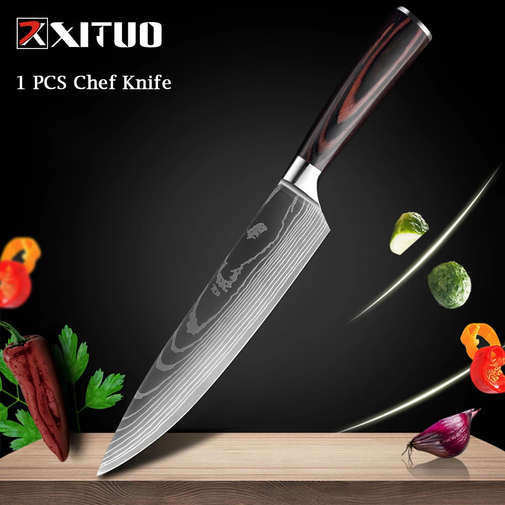 XITUO Chef knife 1-10Pcs Kitchen Knives Set Laser Damascus Patt