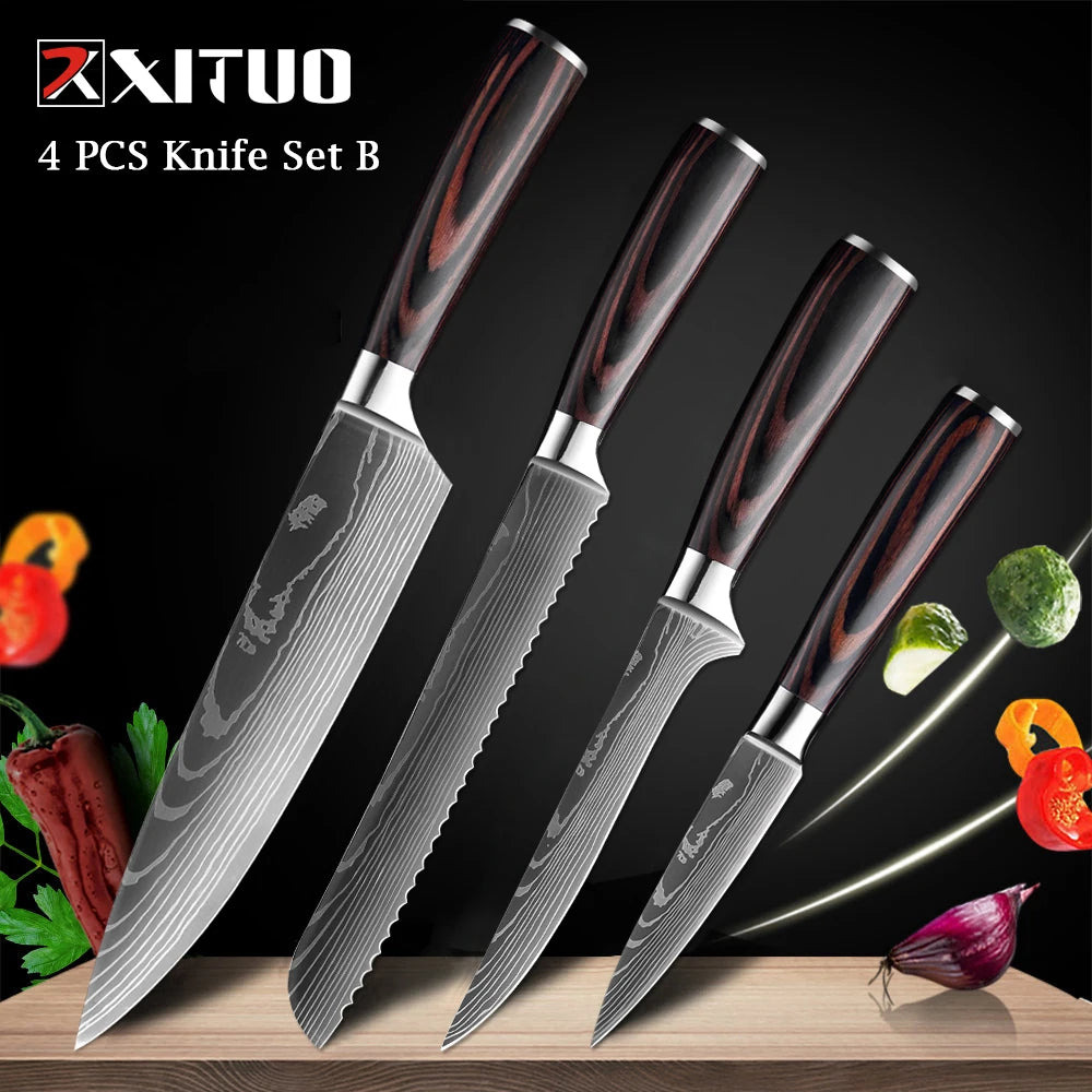 XITUO Chef knife 1-10Pcs Kitchen Knives Set Laser Damascus Patt