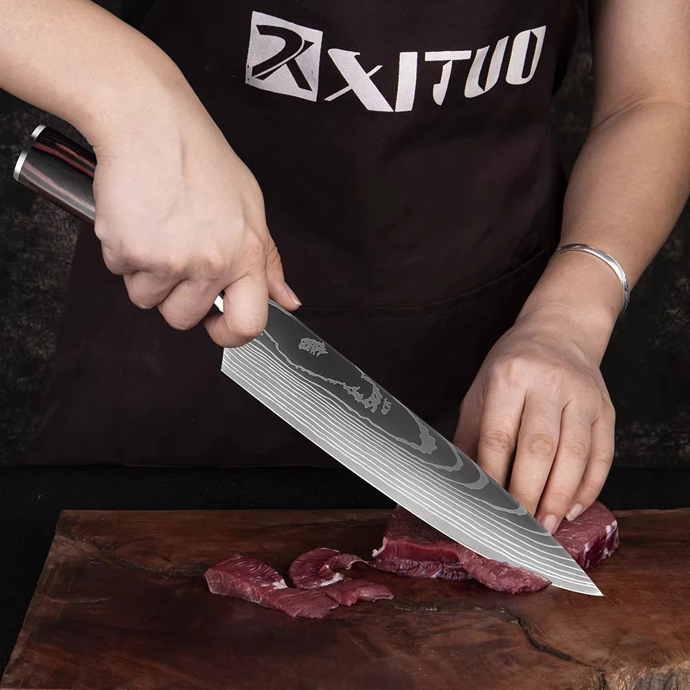 XITUO Chef knife 1-10Pcs Kitchen Knives Set Laser Damascus Patt