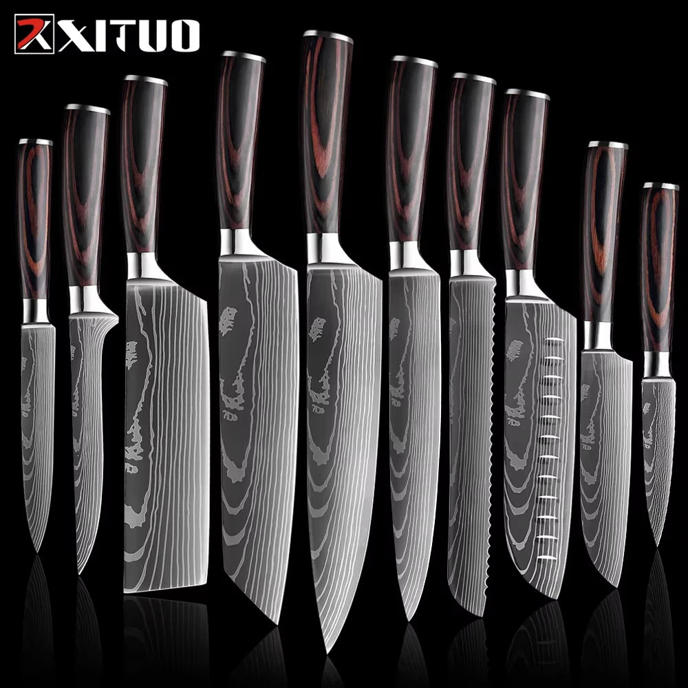 XITUO Chef knife 1-10Pcs Kitchen Knives Set Laser Damascus Patt