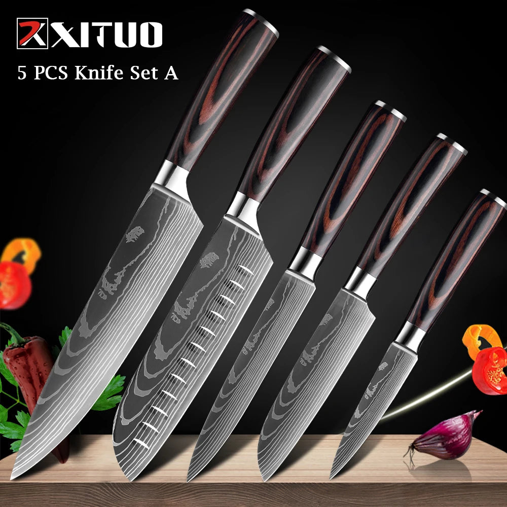 XITUO Chef knife 1-10Pcs Kitchen Knives Set Laser Damascus Patt
